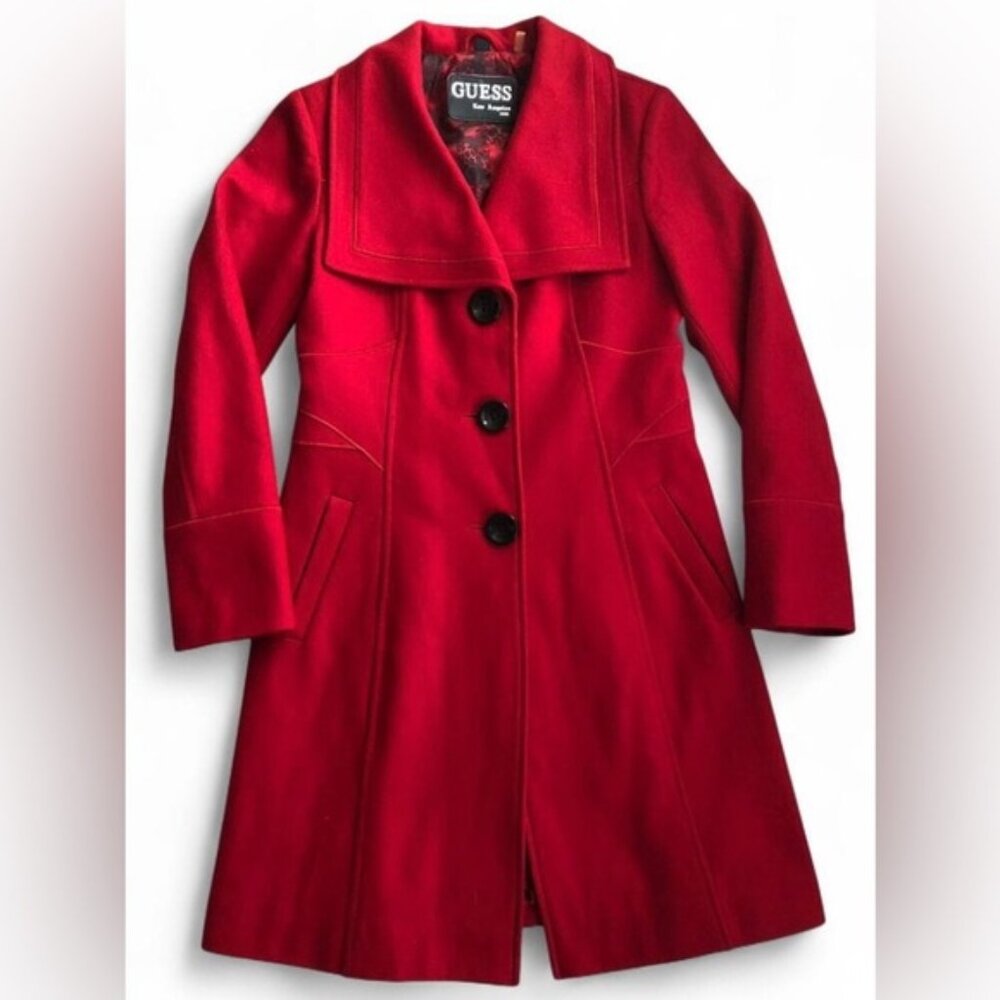 Vintage 90s Guess Red Wool Blend Tailored Coat Women’s Medium